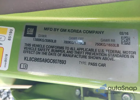 2016 Chevrolet Spark Ls Cvt from USA, damaged, VIN KL8CB6SA9GC607693